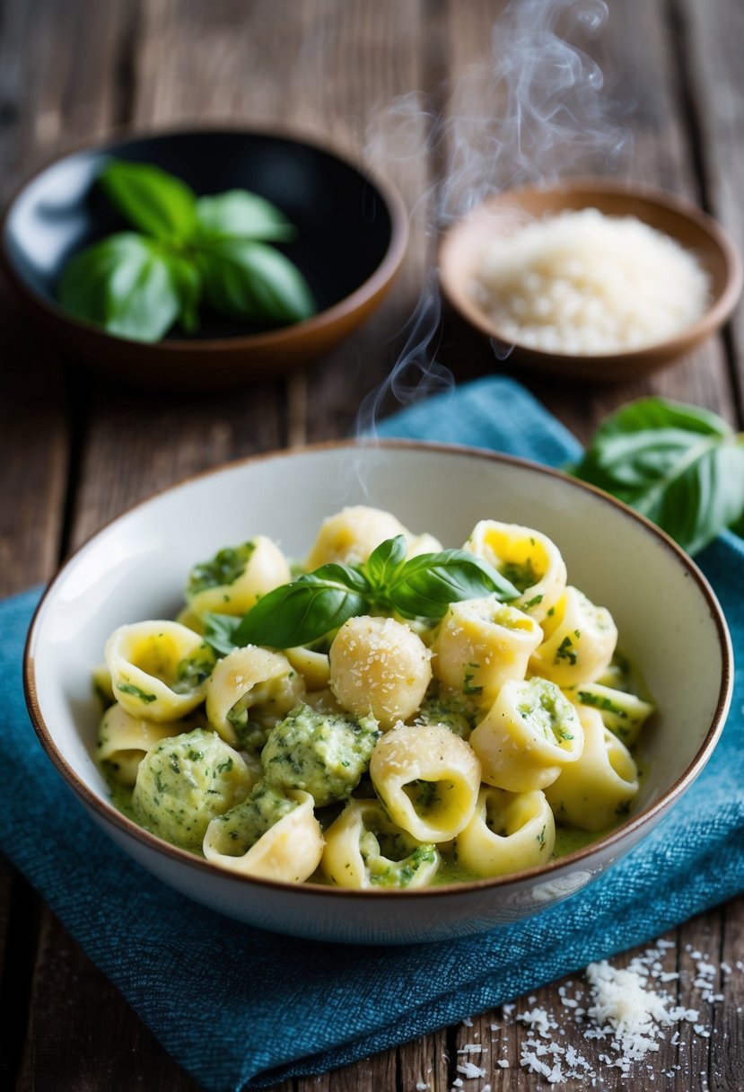 A steaming bowl of pesto alfredo tortellini, garnished with fresh basil and grated parmesan, sits on a rustic wooden table