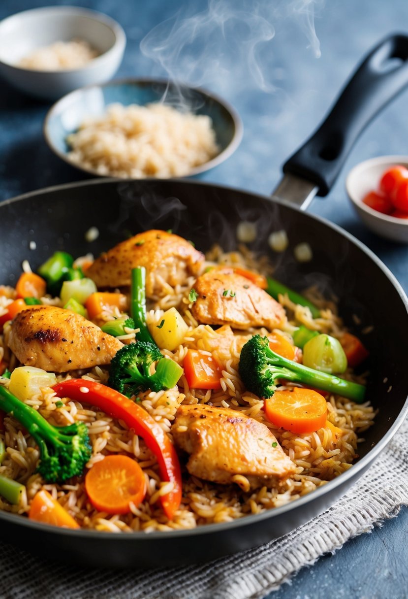 A sizzling skillet of chicken and brown rice stir fry with colorful vegetables, steaming and ready to serve