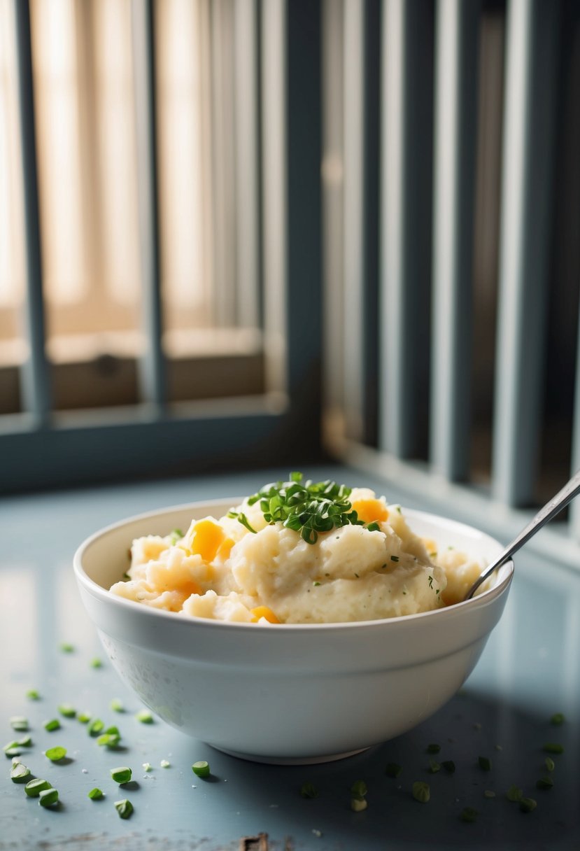 A bowl of instant mashed potatoes mixed with makeshift ingredients inside a prison cell