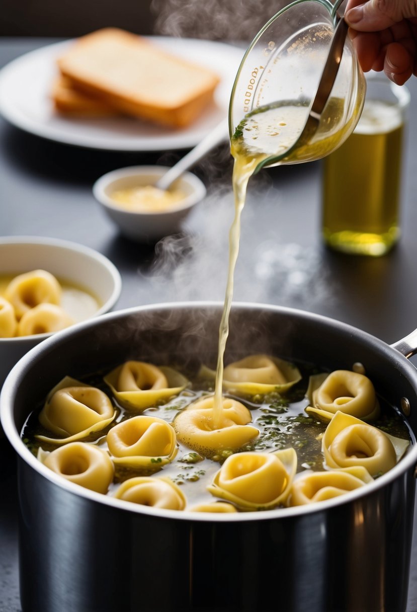 A pot of boiling water with tortellini being stirred in garlic butter sauce