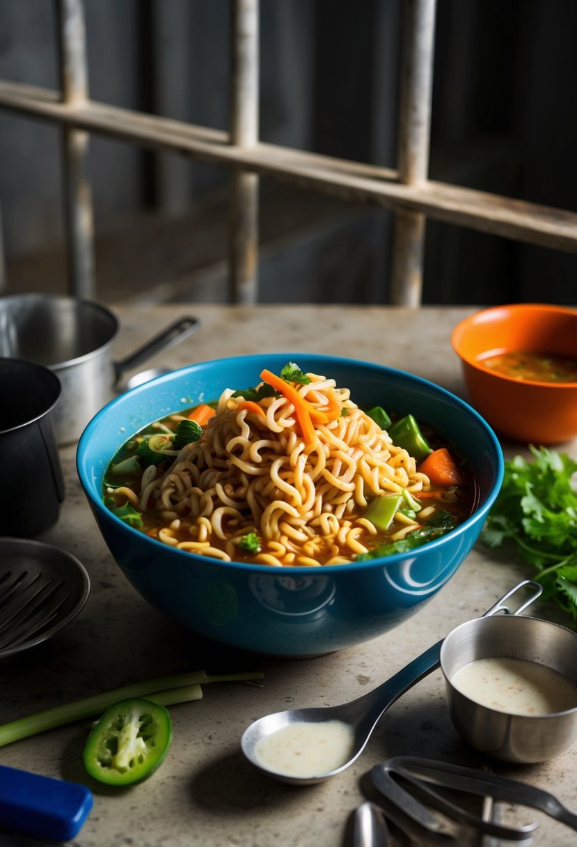 A bowl of ramen noodles mixed with vegetables and dressing, surrounded by makeshift cooking utensils in a prison cell