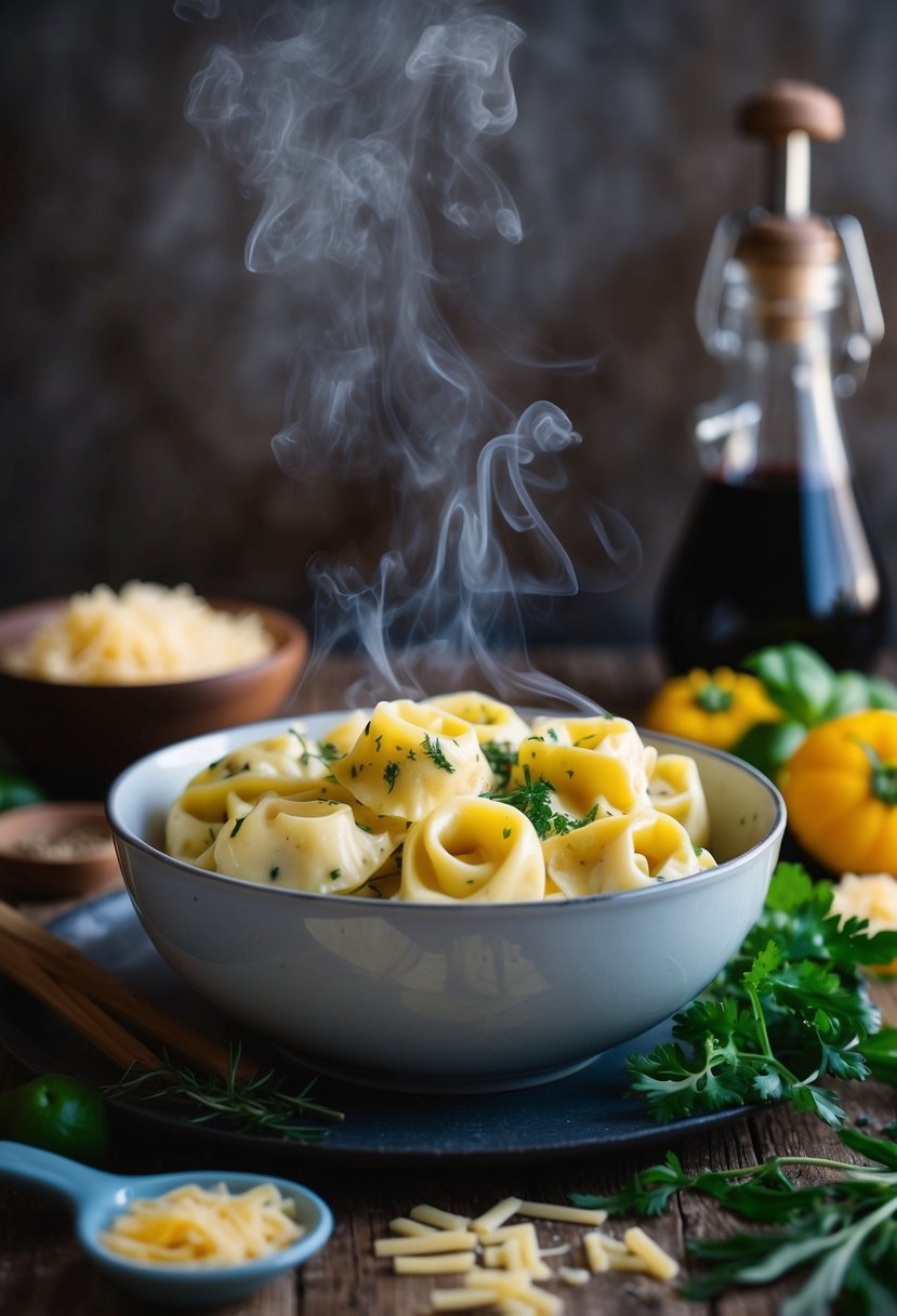 A steaming bowl of cheese and herb tortellini, surrounded by fresh ingredients and a rustic kitchen backdrop