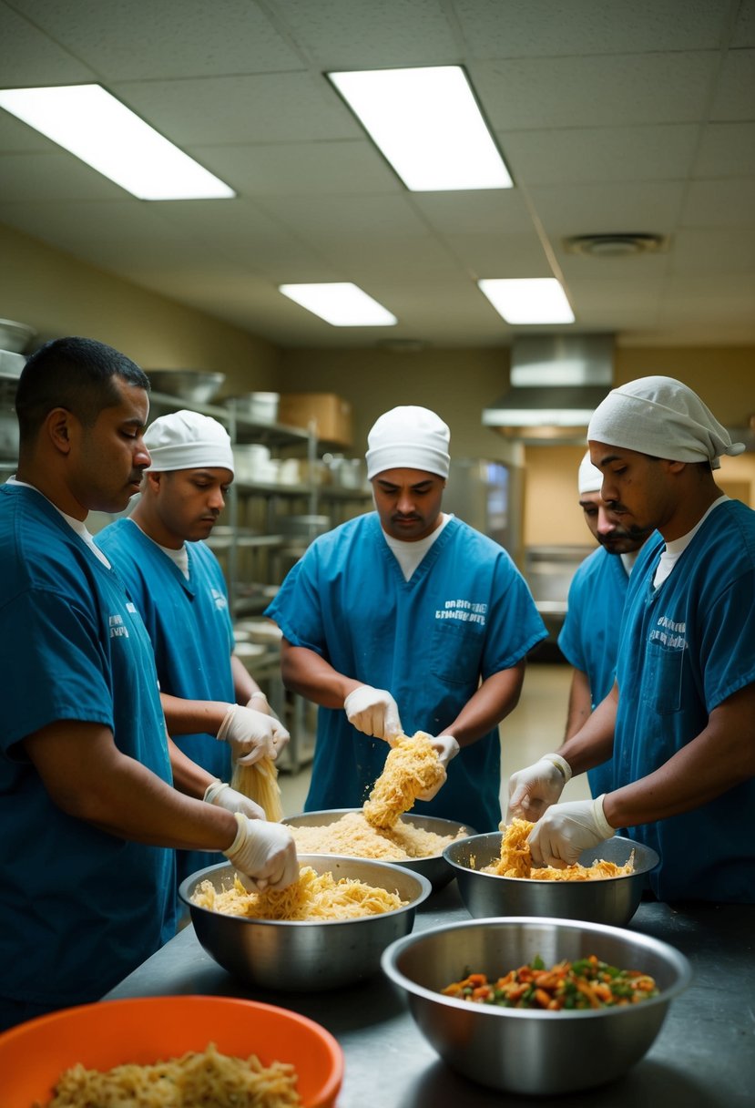 A group of inmates in a prison kitchen, mixing masa and filling to make tamales