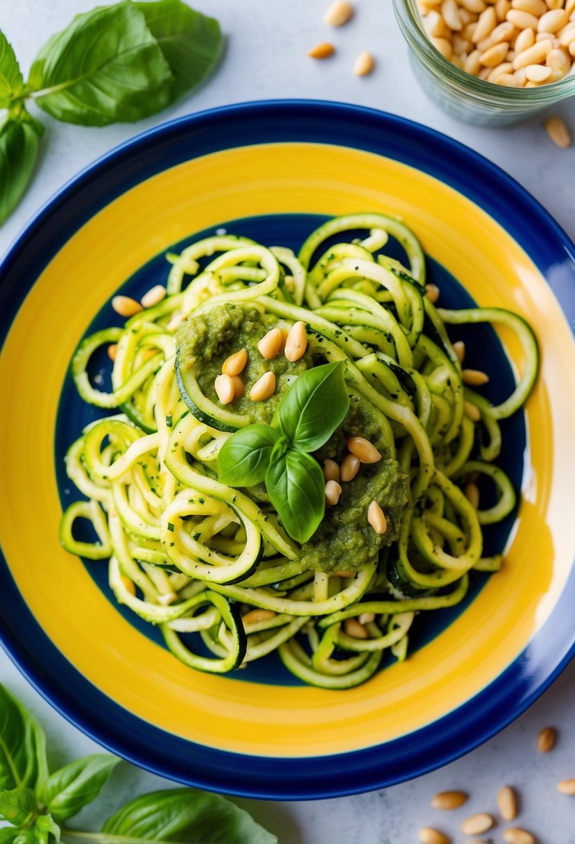 A colorful plate of zucchini noodles topped with pesto sauce, surrounded by fresh basil leaves and pine nuts