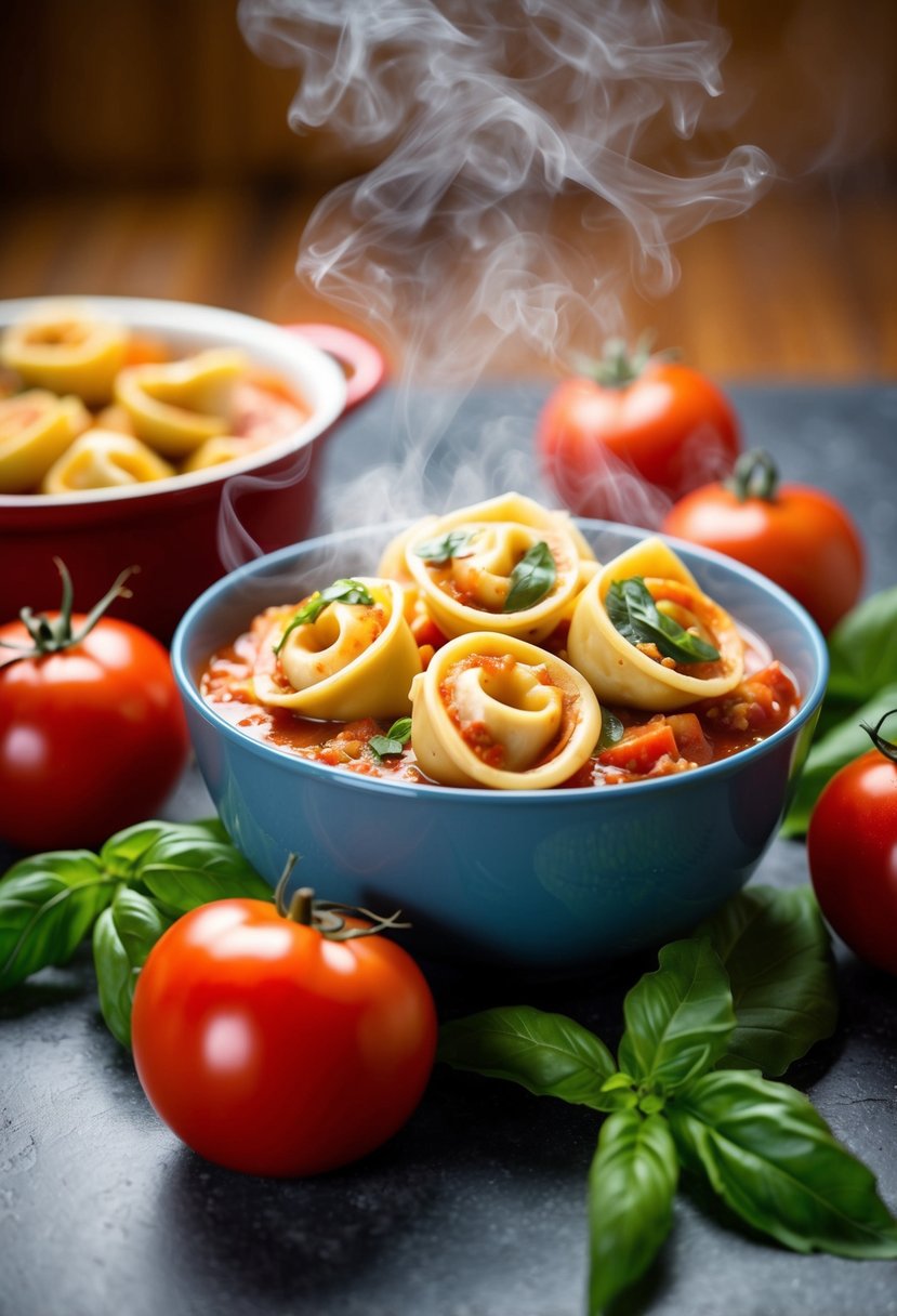 A steaming bowl of tomato basil tortellini surrounded by fresh basil leaves and ripe tomatoes