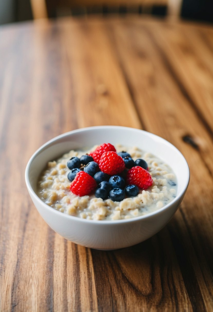 A bowl of oatmeal topped with fresh berries on a wooden table