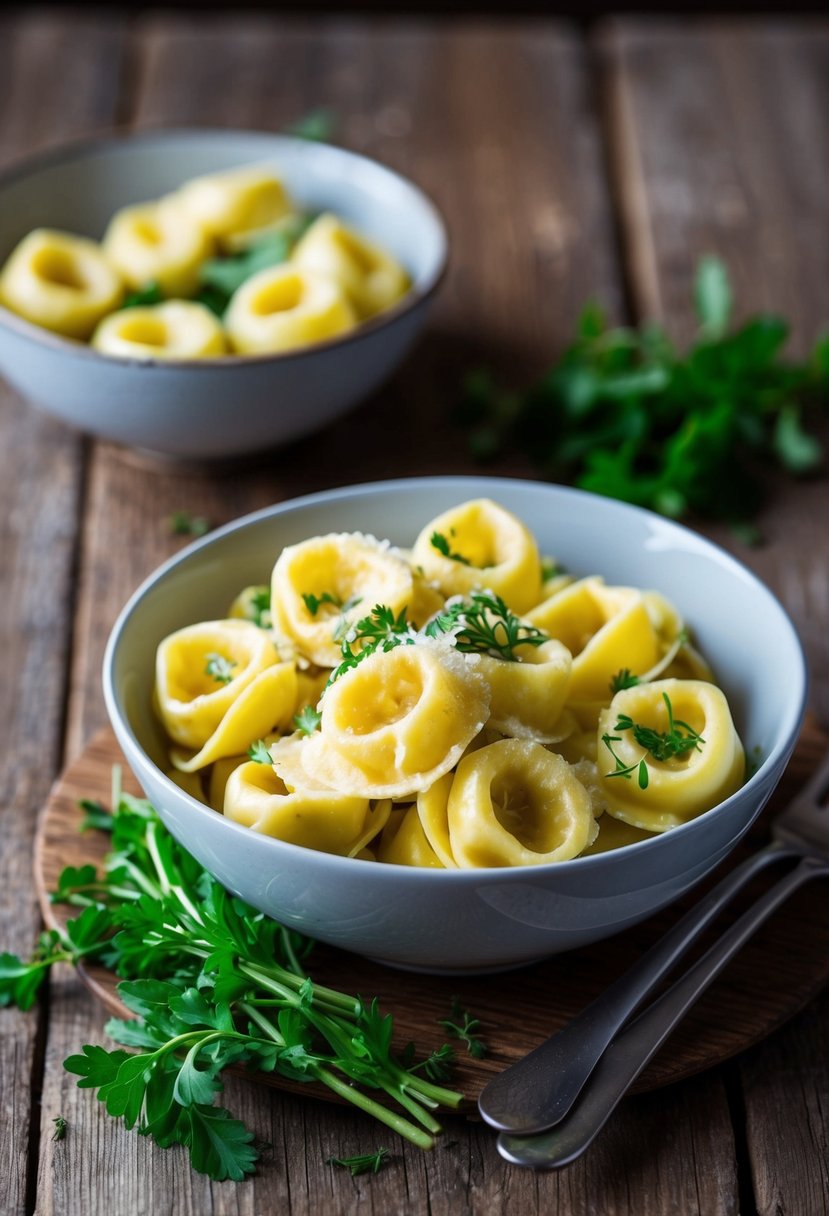 A bowl of lemon parmesan tortellini with fresh herbs on a rustic wooden table