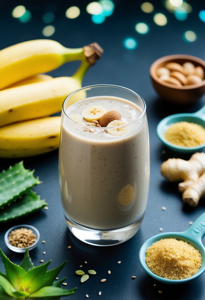 A glass of banana almond smoothie surrounded by soothing ingredients like aloe vera and ginger