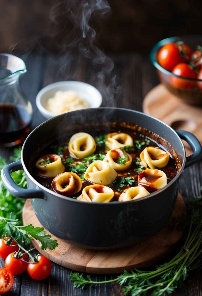 A steaming pot of tortellini in a rich balsamic glaze, surrounded by fresh herbs and cherry tomatoes