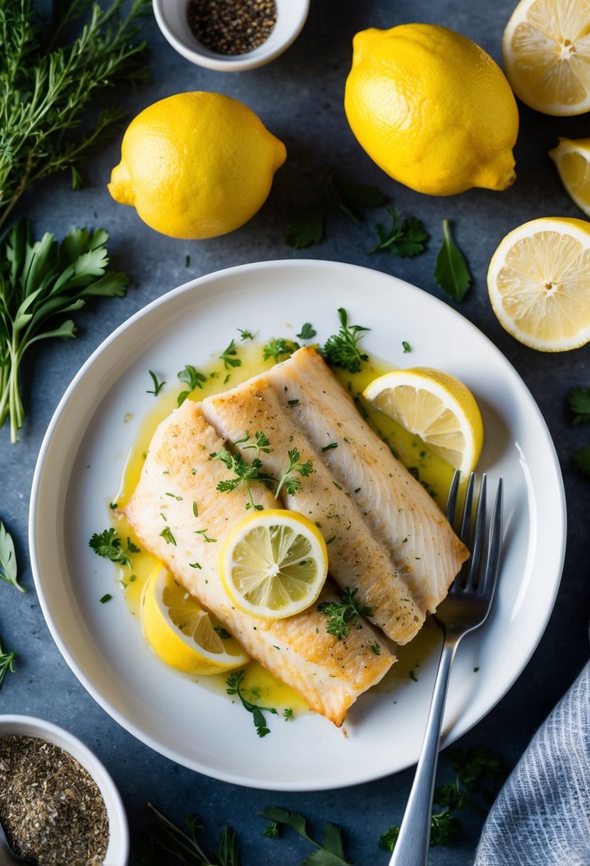 A plate of baked tilapia with lemon and herbs, surrounded by fresh ingredients like lemons, herbs, and spices