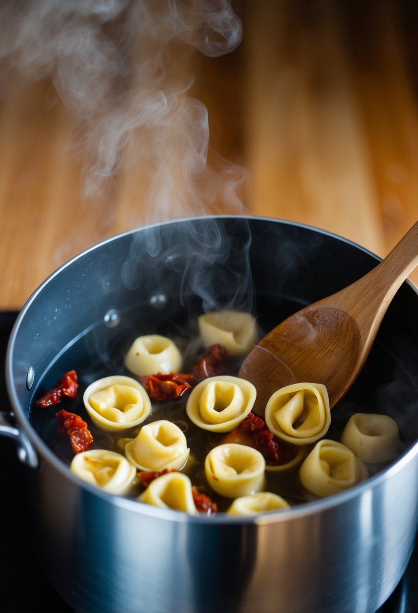 A pot of boiling water with sun-dried tomato tortellini cooking inside, steam rising, with a wooden spoon resting on the edge