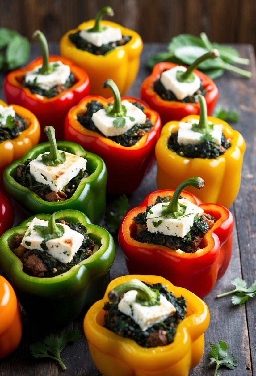 A colorful array of bell peppers stuffed with spinach and feta, arranged on a rustic wooden table