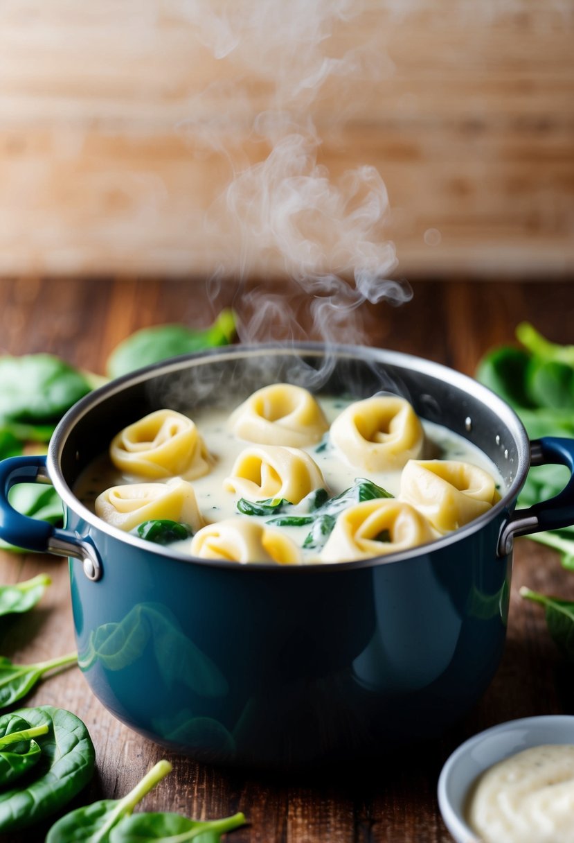 A pot of boiling tortellini surrounded by fresh spinach and creamy Alfredo sauce