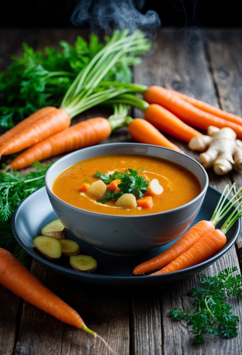 A steaming bowl of carrot ginger soup sits on a rustic wooden table, surrounded by fresh carrots, ginger root, and vibrant green herbs