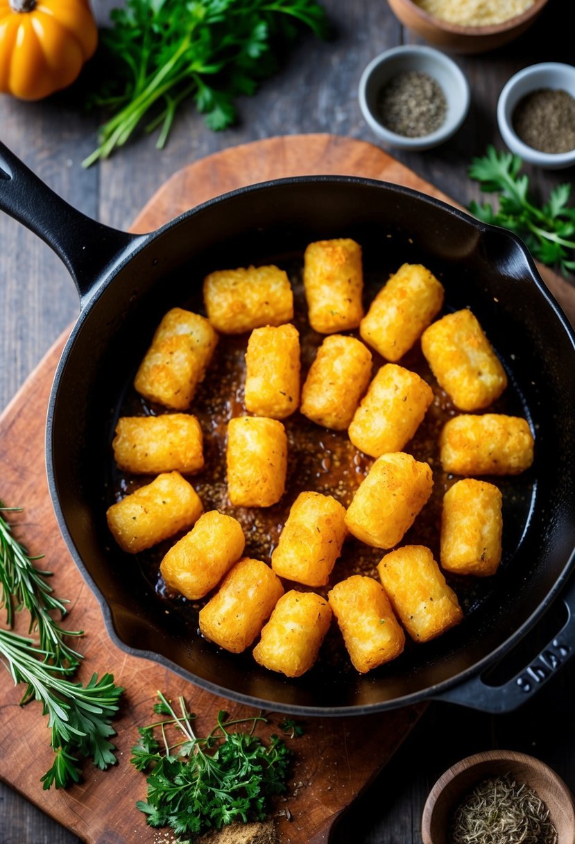 Golden tater tots sizzling in a skillet, surrounded by a variety of fresh herbs and spices on a rustic wooden cutting board