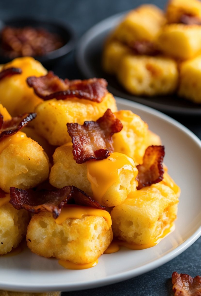 Golden tater tots topped with crispy bacon and melted cheese