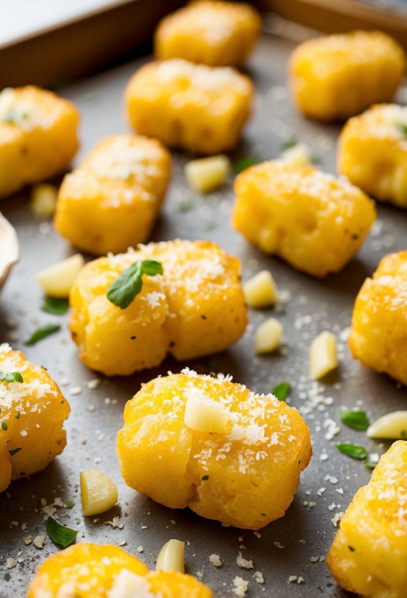 Golden tater tots sprinkled with grated parmesan and chopped garlic on a baking sheet