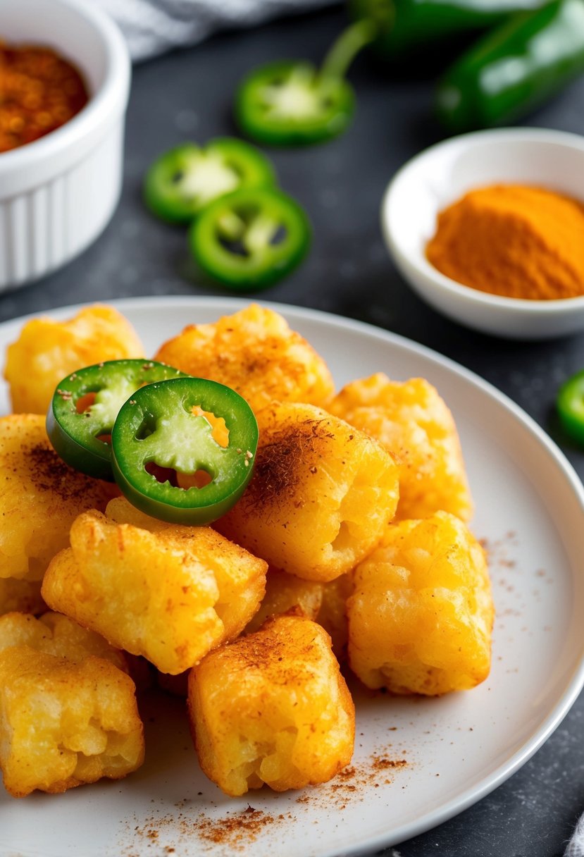 A plate of golden, crispy tater tots topped with sliced jalapeños and sprinkled with chili powder