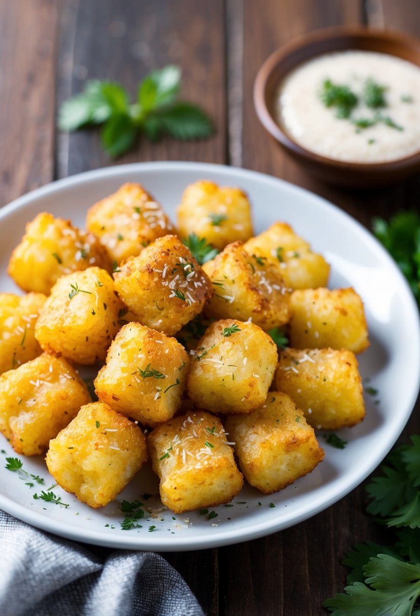 A plate of golden-brown Ranch Seasoned Tater Tots, sprinkled with herbs and spices, served with a side of dipping sauce