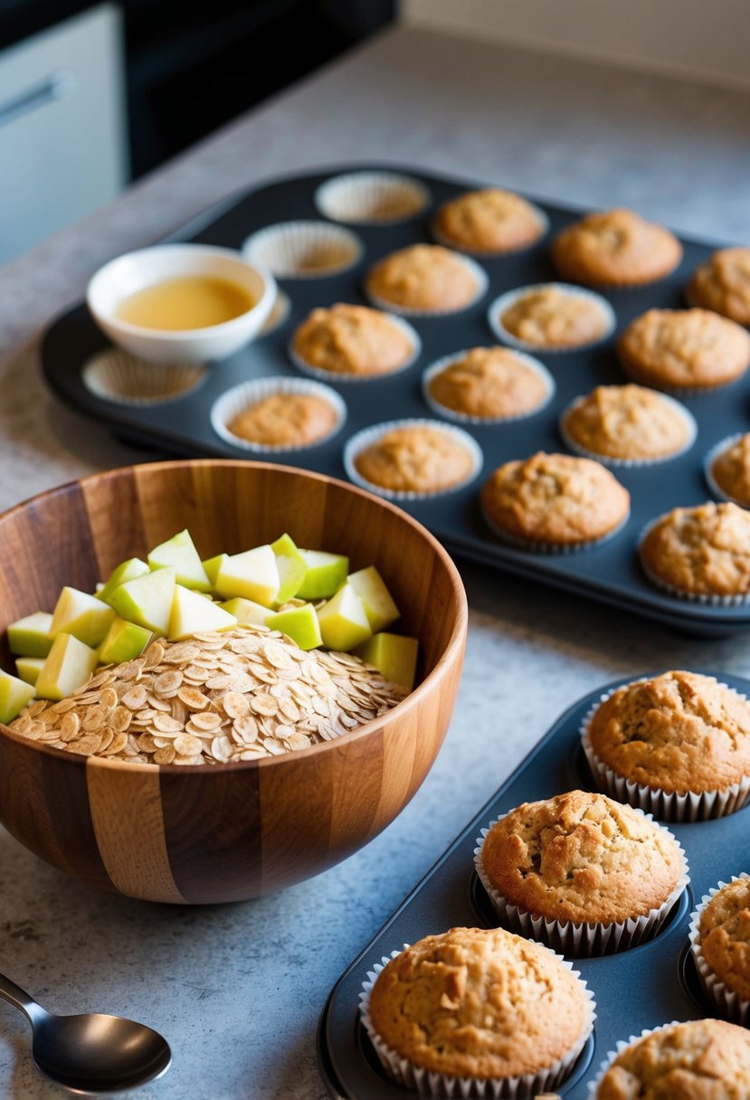 A wooden mixing bowl filled with oats, diced apples, and muffin batter. A spoon rests on the counter next to a tray of freshly baked muffins