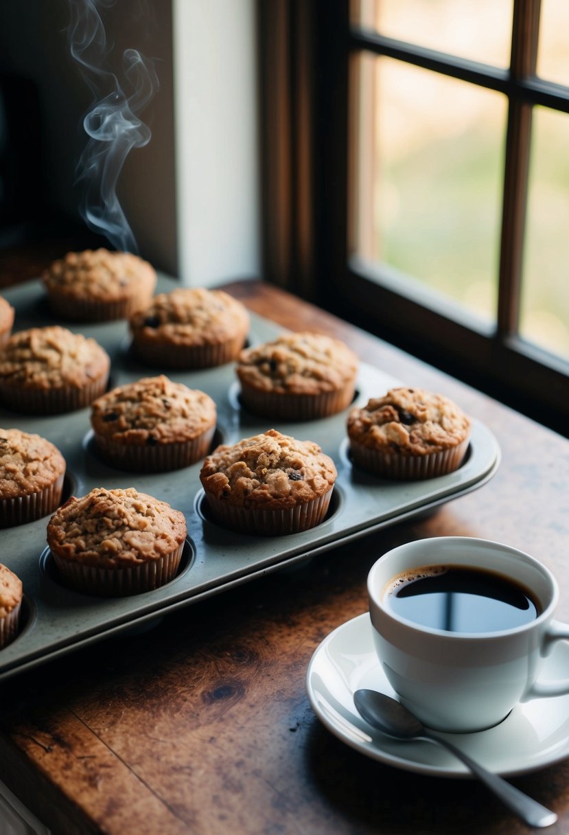 A rustic kitchen counter with a tray of freshly baked oatmeal apple muffins cooling next to a steaming cup of coffee