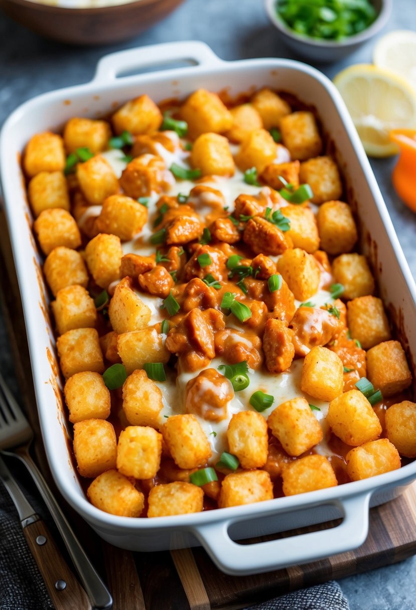 A sizzling casserole dish filled with golden tater tots, smothered in spicy buffalo chicken and melted cheese, bubbling and ready to be served