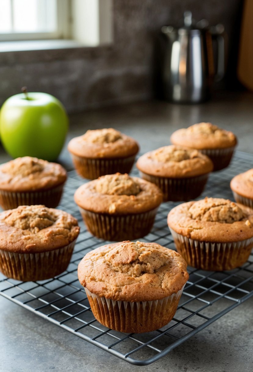 A rustic kitchen counter with a batch of freshly baked cinnamon spice apple oatmeal muffins cooling on a wire rack