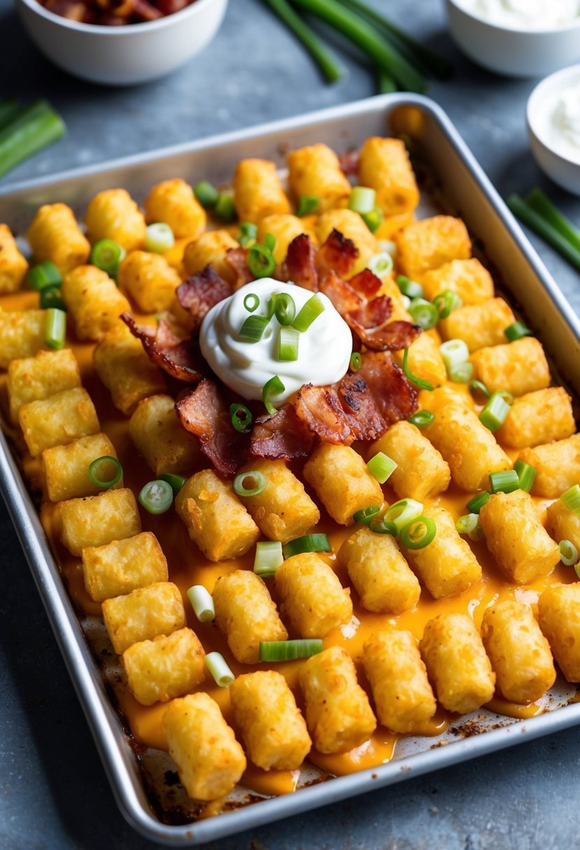 A baking sheet covered in golden tater tots, smothered in melted cheese, and topped with crispy bacon, green onions, and sour cream