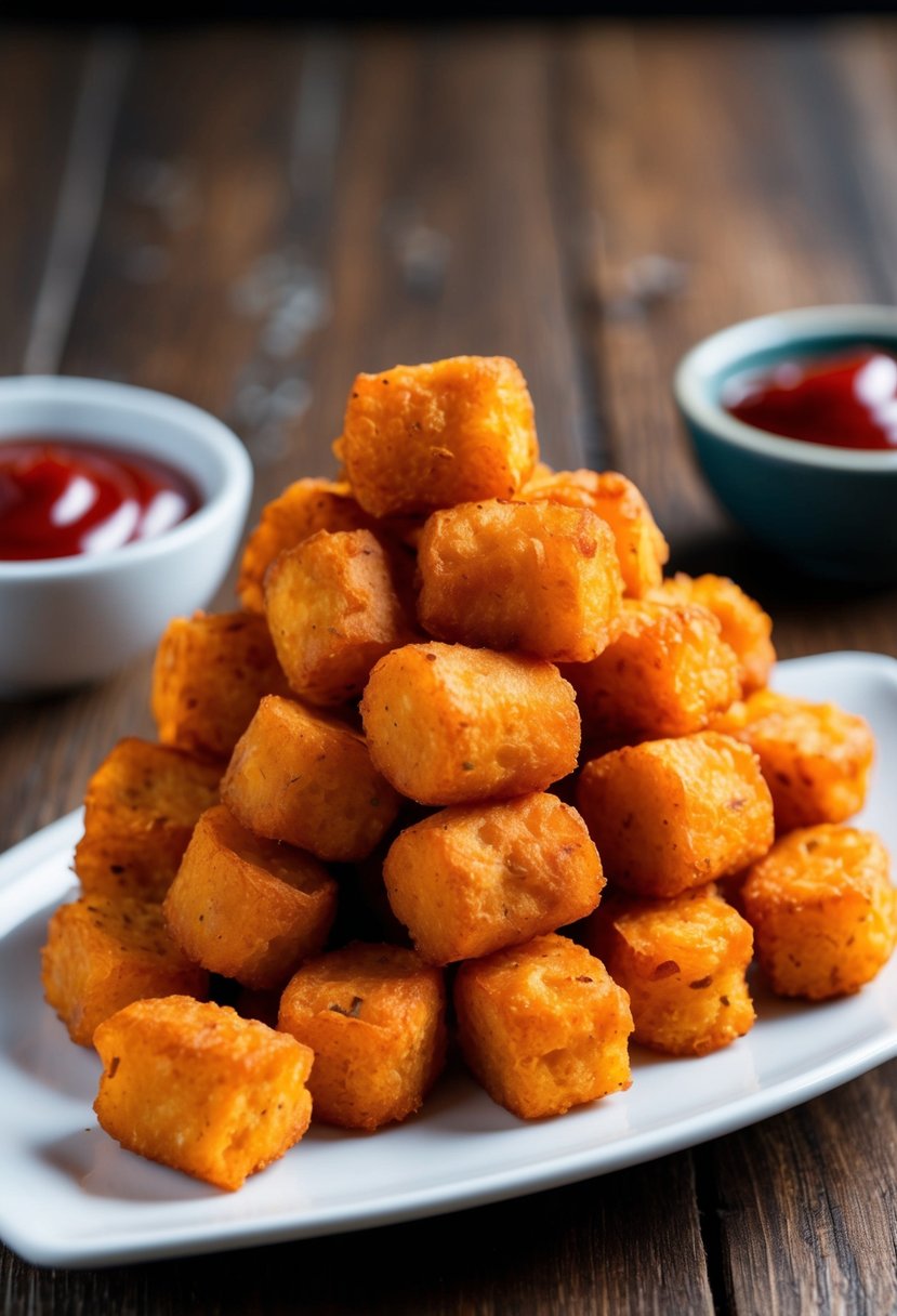 A plate of golden, crispy sweet potato tater tots arranged in a neat pile, with a side of ketchup for dipping