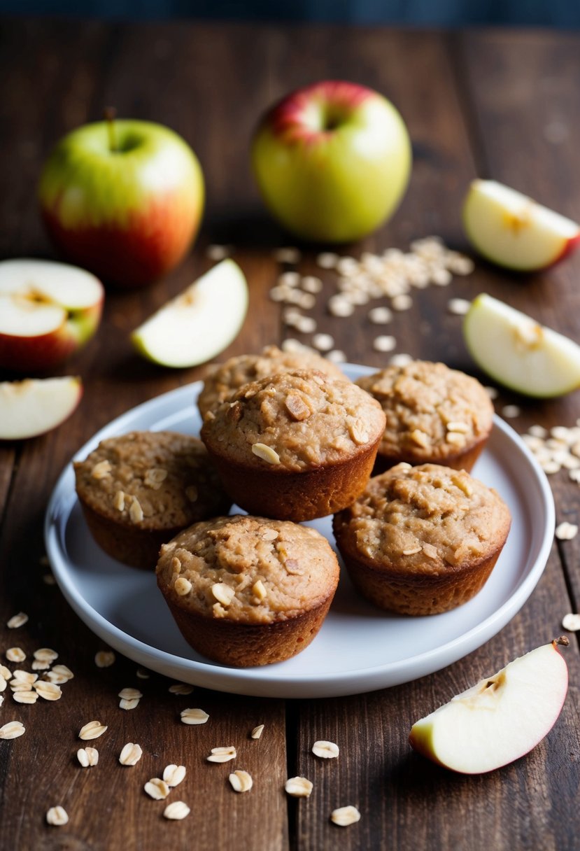 A wooden table with a plate of maple glazed apple oatmeal muffins, surrounded by scattered oats and apple slices