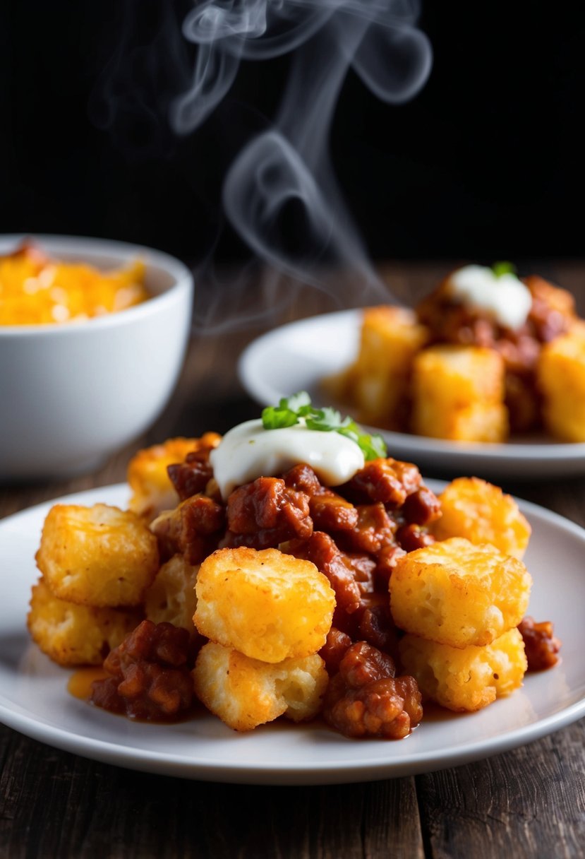 A plate of golden brown tater tots smothered in chili and melted cheese, with steam rising from the hot, savory dish