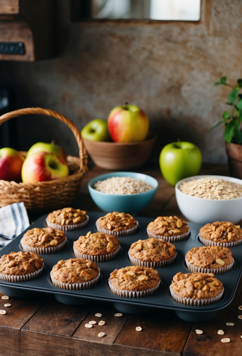 A rustic kitchen counter with a basket of apples, a bowl of oats, and a tray of freshly baked apple walnut oatmeal muffins