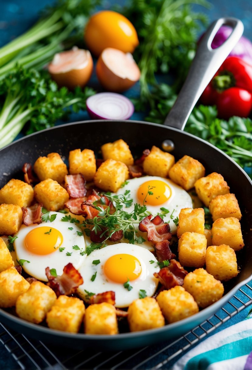 A sizzling skillet filled with crispy tater tots, eggs, cheese, and bacon, surrounded by a colorful array of fresh vegetables and herbs