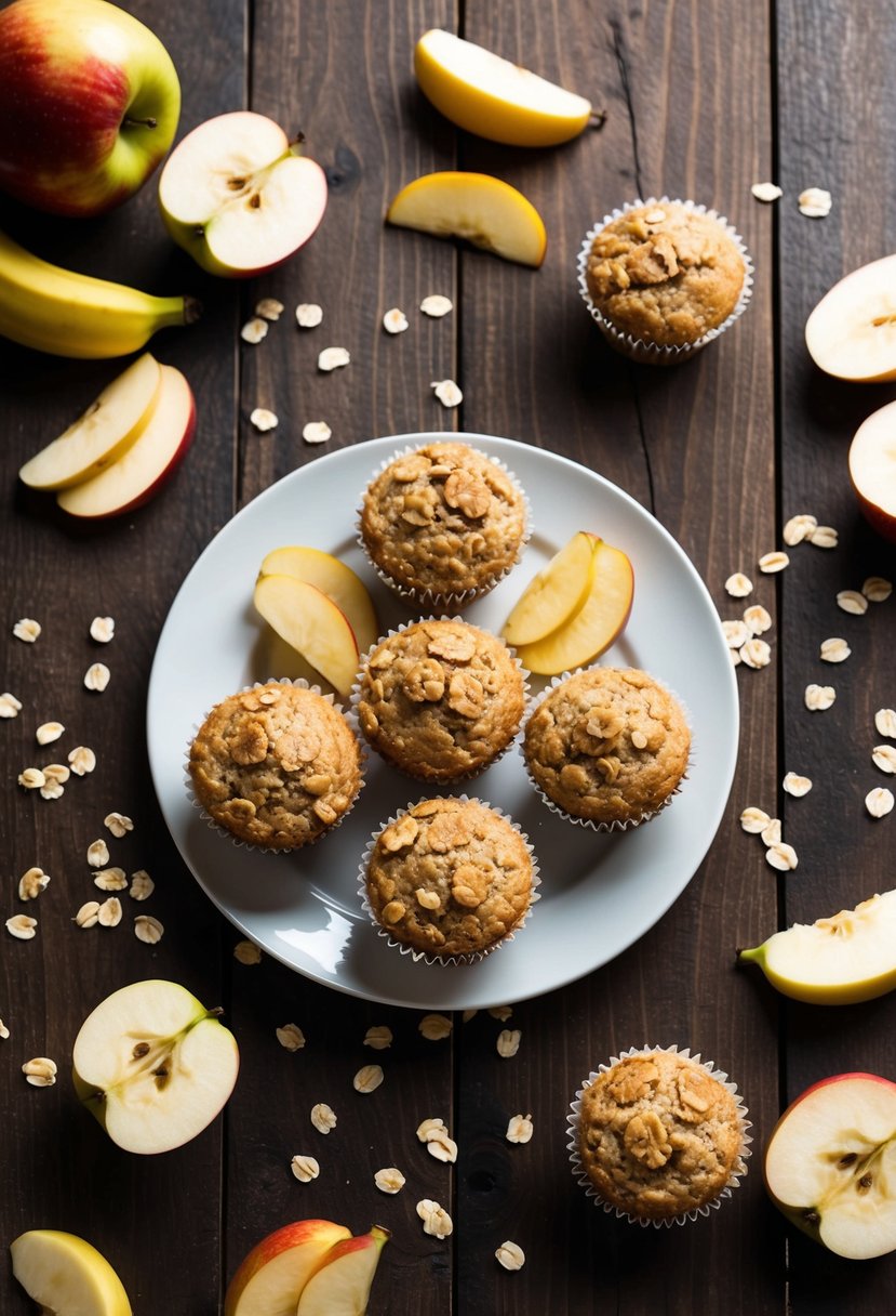 A wooden table with a plate of healthy apple banana oatmeal muffins, surrounded by scattered oats and sliced fruit