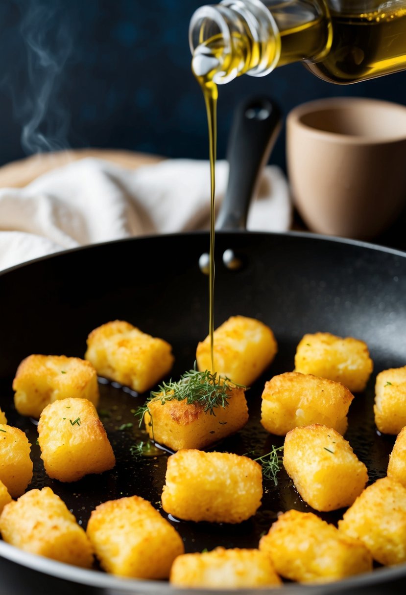 Golden tater tots sizzling in a pan, drizzled with aromatic truffle oil