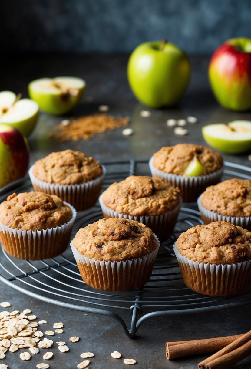 A rustic kitchen counter with freshly baked oatmeal apple muffins cooling on a wire rack. Ingredients like oats, apples, and cinnamon scattered around