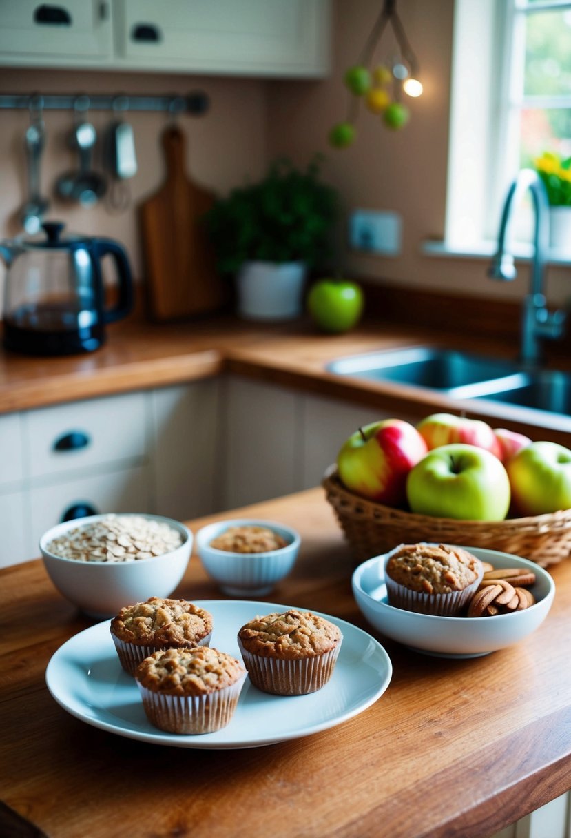 A cozy kitchen with a wooden table set with a plate of freshly baked vegan apple oatmeal muffins, a bowl of oats, and a basket of apples