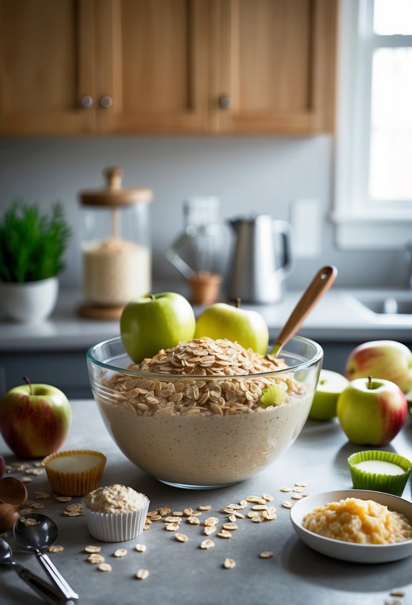 A kitchen counter with a mixing bowl filled with oatmeal, apples, and muffin batter, surrounded by ingredients and baking utensils