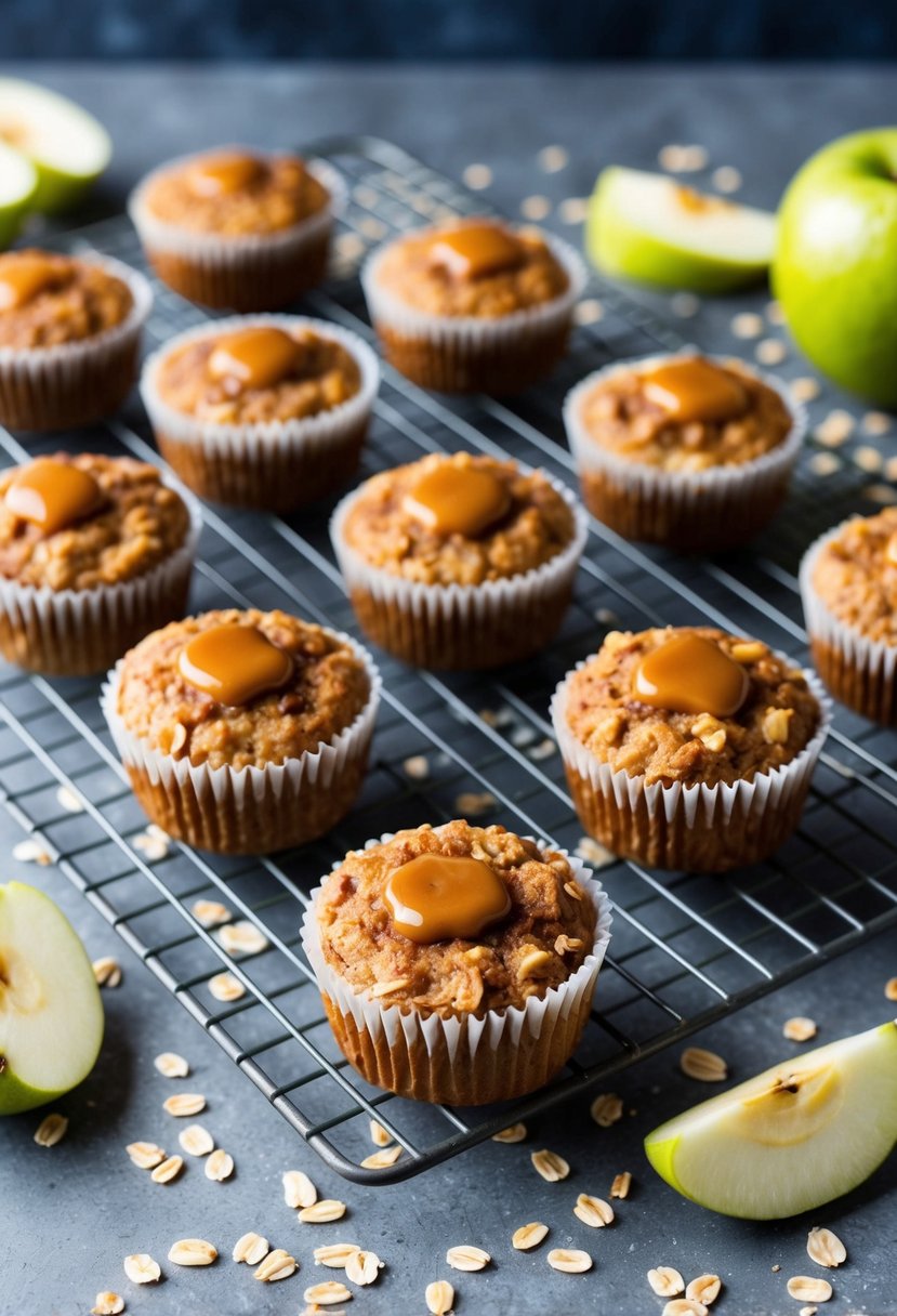 A cozy kitchen scene with a batch of freshly baked caramel apple oatmeal muffins cooling on a wire rack, surrounded by scattered oats and apple slices