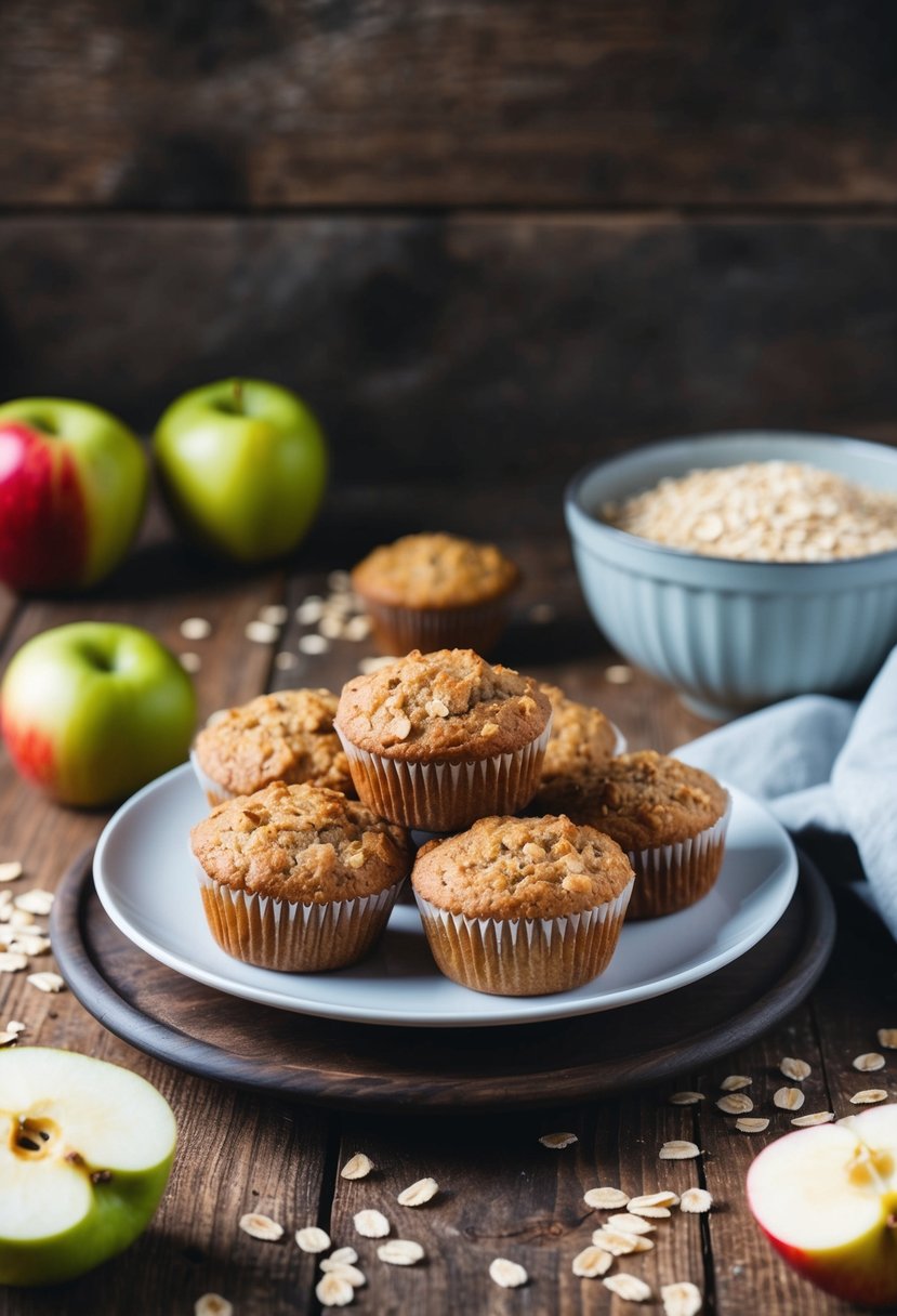 A rustic kitchen scene with a wooden table holding a plate of whole wheat apple oatmeal muffins, a mixing bowl, and scattered oats and apples