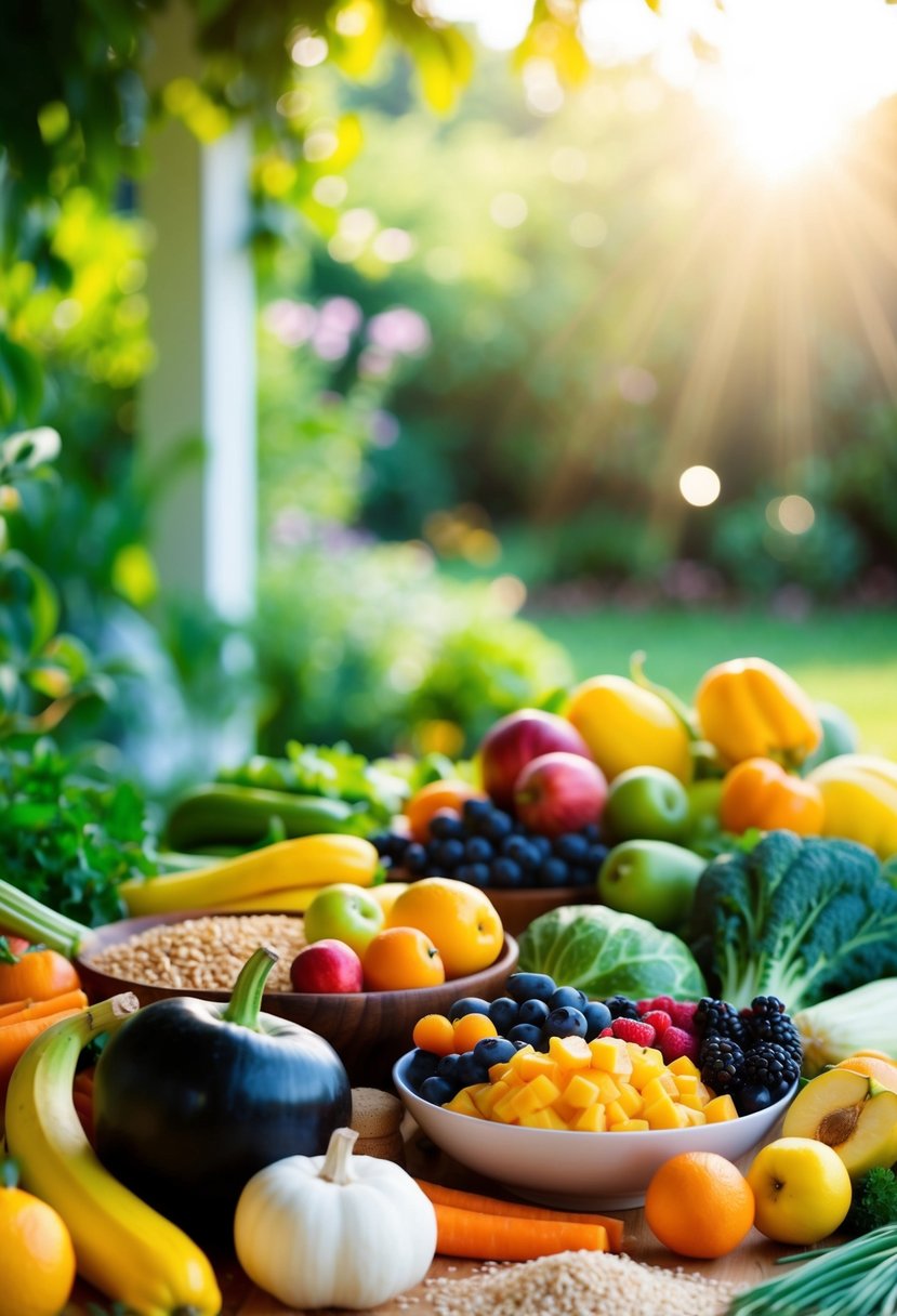 A table filled with colorful fruits, vegetables, and whole grains, surrounded by a lush garden and a serene, sunny backdrop