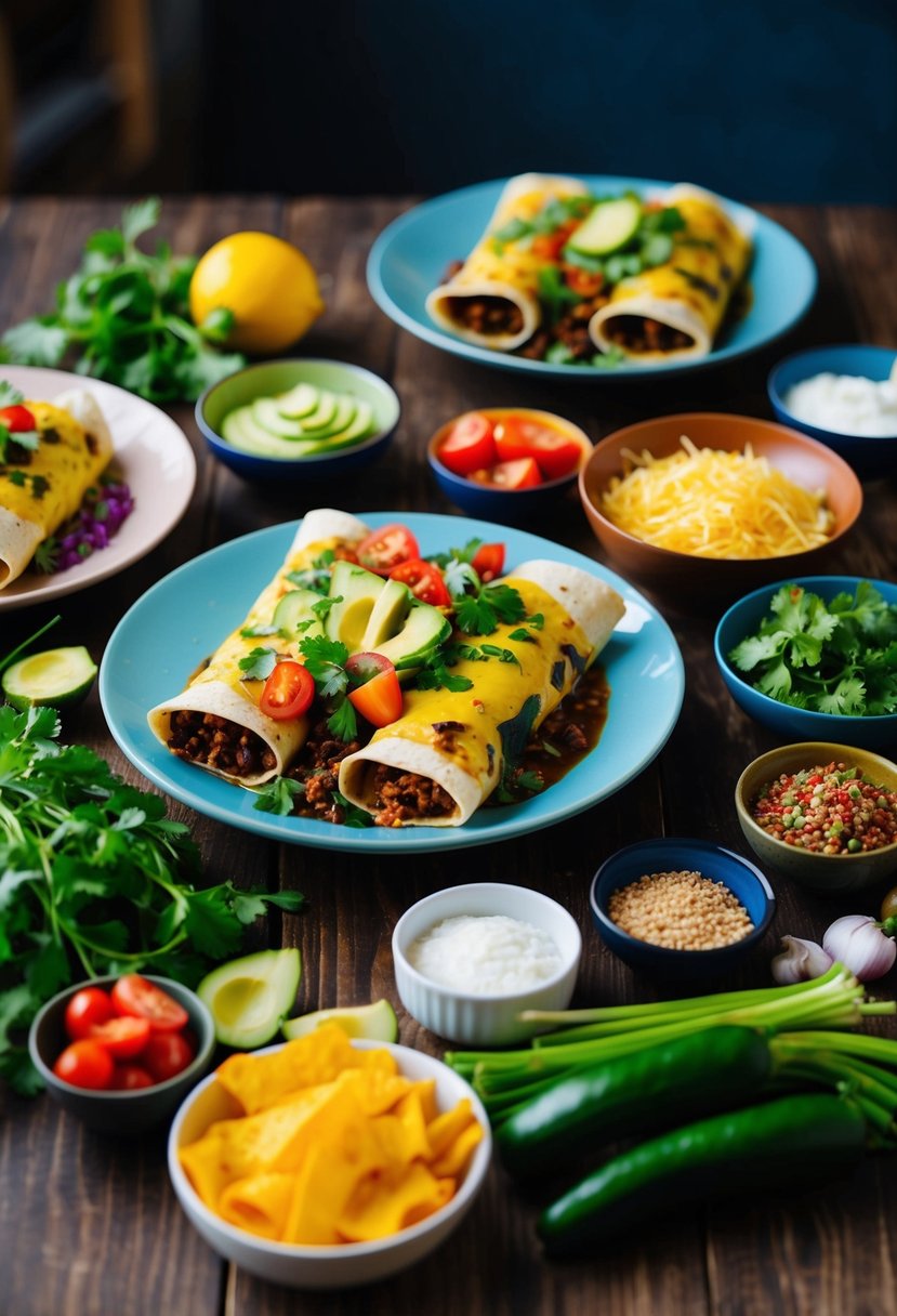 A table set with colorful vegan enchiladas, surrounded by fresh ingredients and cooking utensils