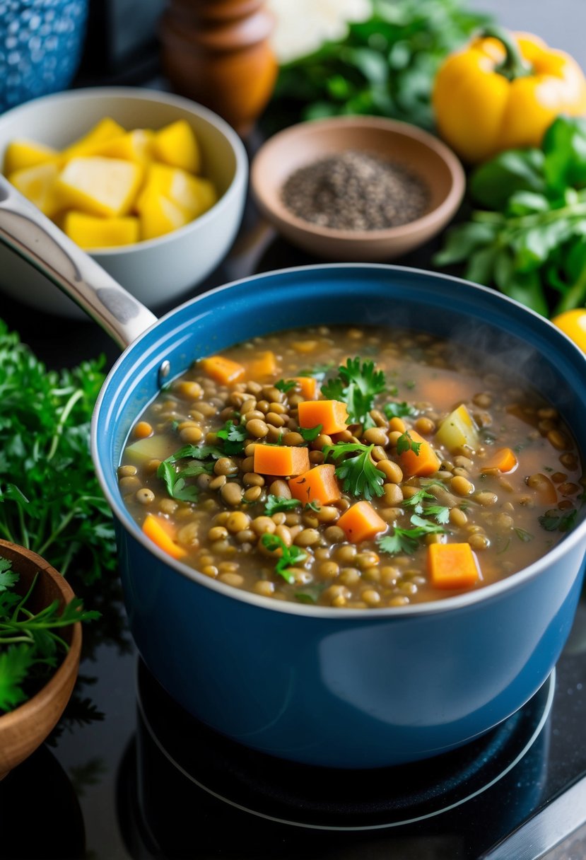 A pot of Blue Zone Lentil Soup simmers on a stovetop, surrounded by fresh vegetables and herbs