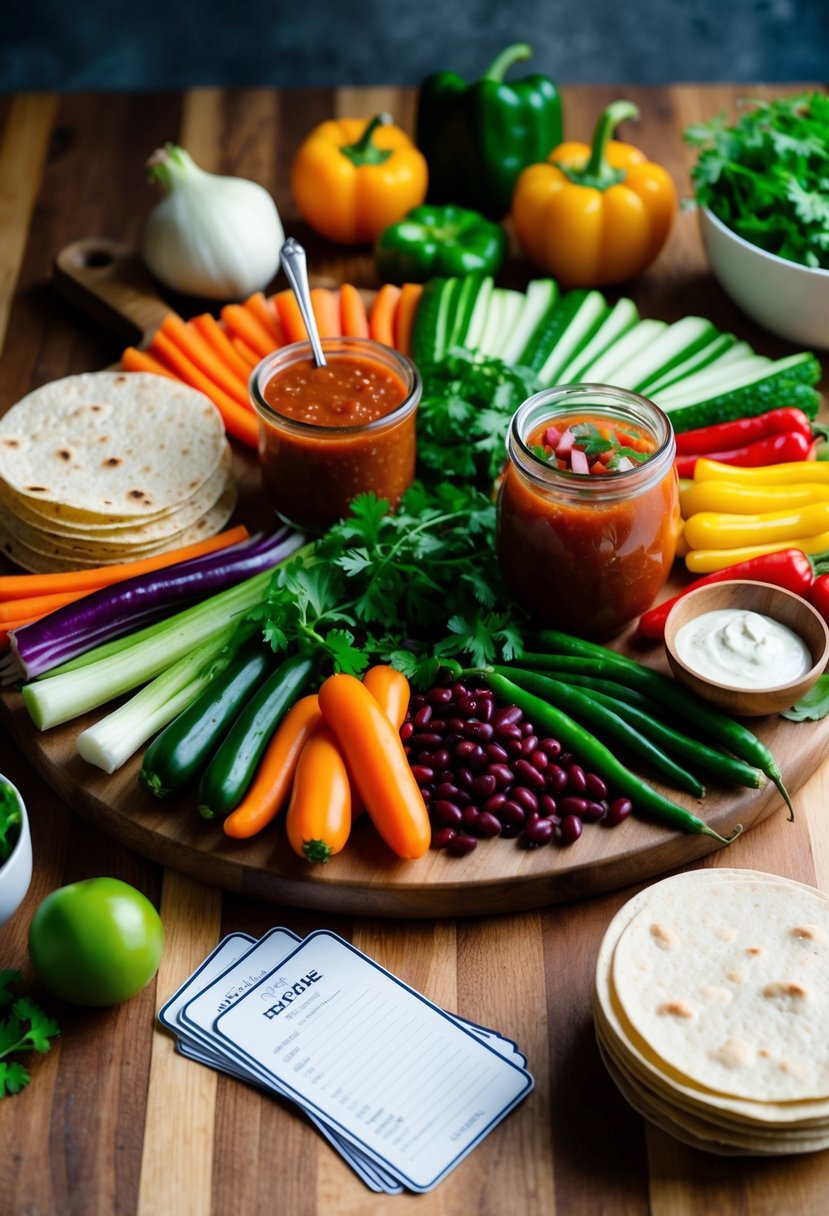 A colorful spread of fresh vegetables, beans, and tortillas arranged on a wooden cutting board, with a jar of homemade salsa and a stack of recipe cards nearby