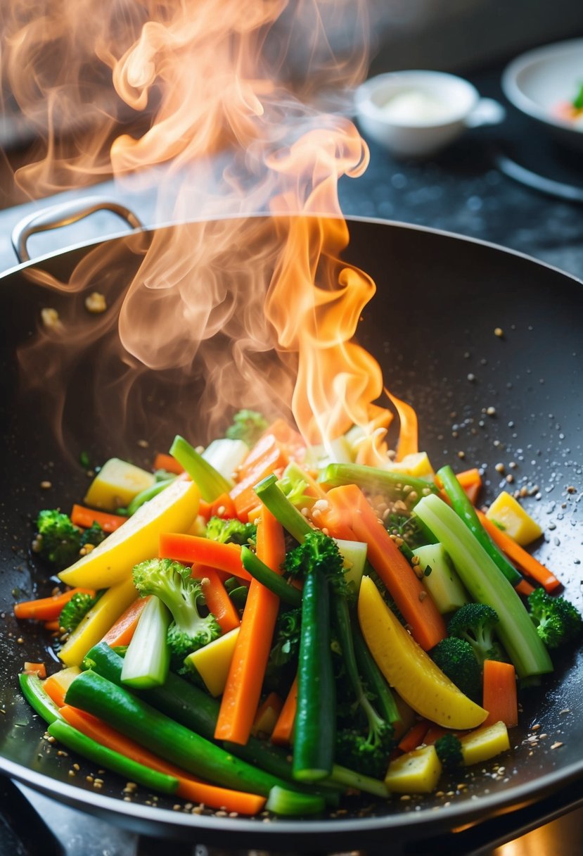 A colorful array of fresh vegetables being stir-fried in a sizzling wok over a high flame, emitting aromatic steam