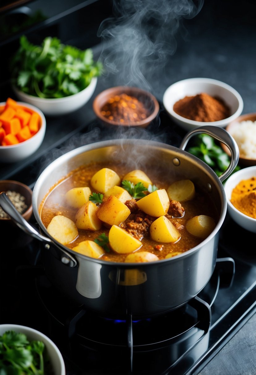 A steaming pot of spiced potato curry simmers on a stove, surrounded by bowls of fragrant spices and fresh vegetables