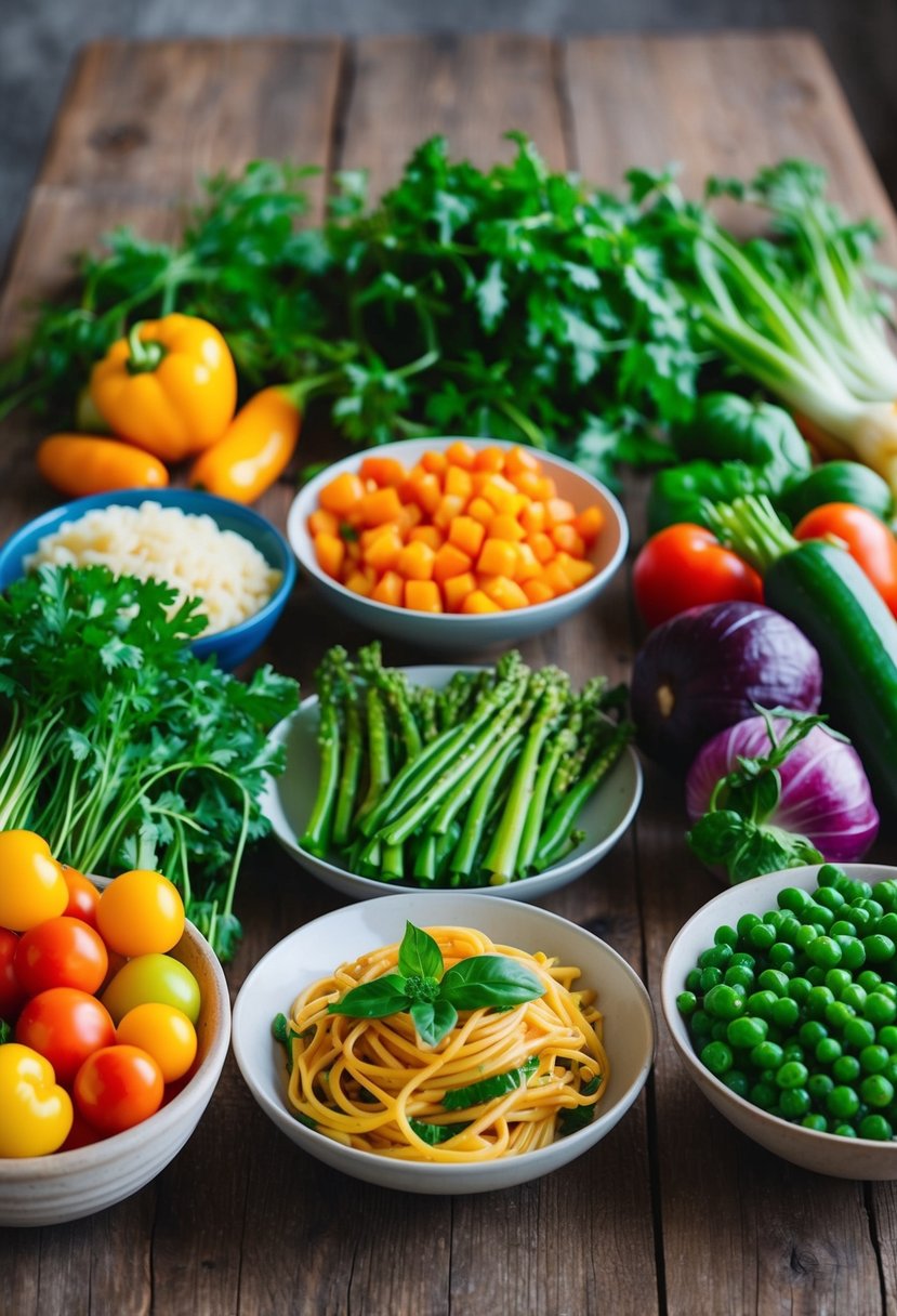 A colorful array of fresh vegetables and plant-based pasta arranged on a rustic wooden table