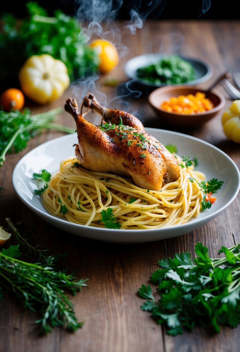 A steaming plate of pasta topped with savory rotisserie chicken, surrounded by fresh herbs and colorful vegetables