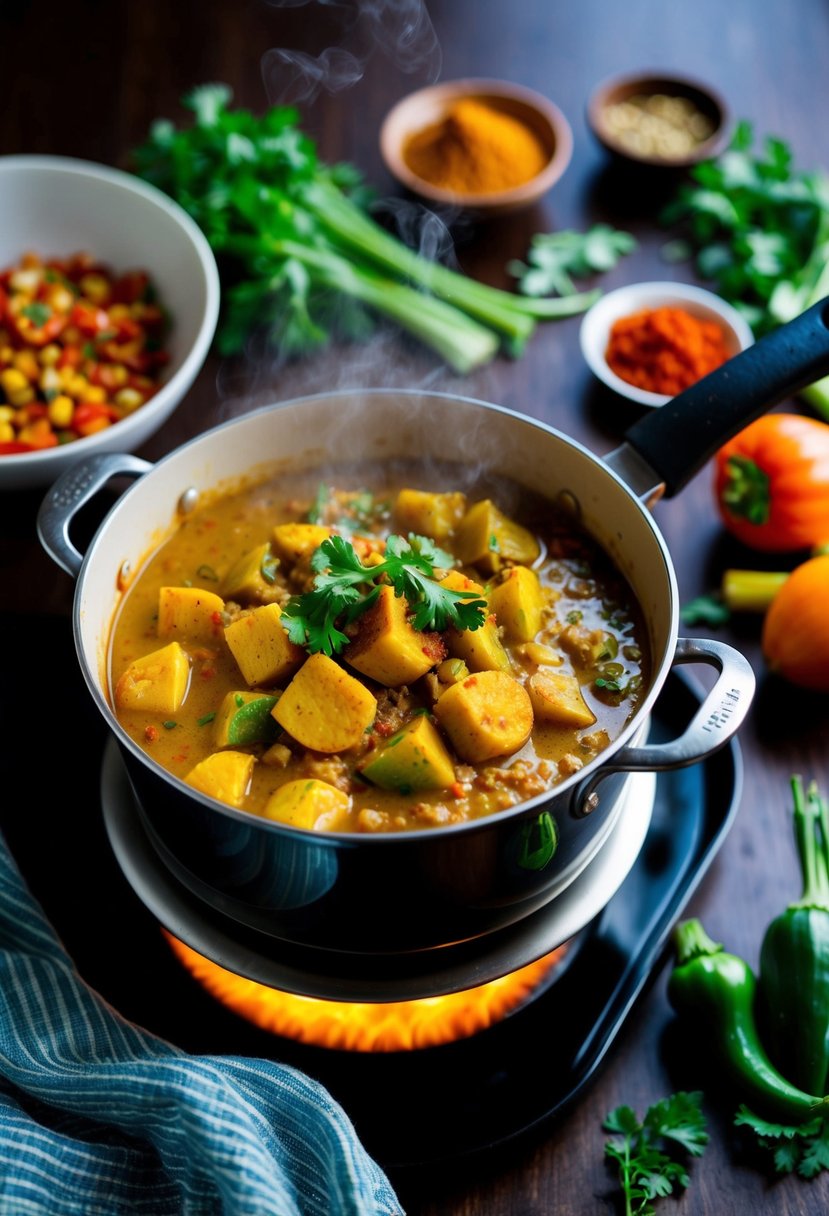 A steaming pot of Aloo Gobi simmering on a stove, surrounded by vibrant spices and fresh vegetables