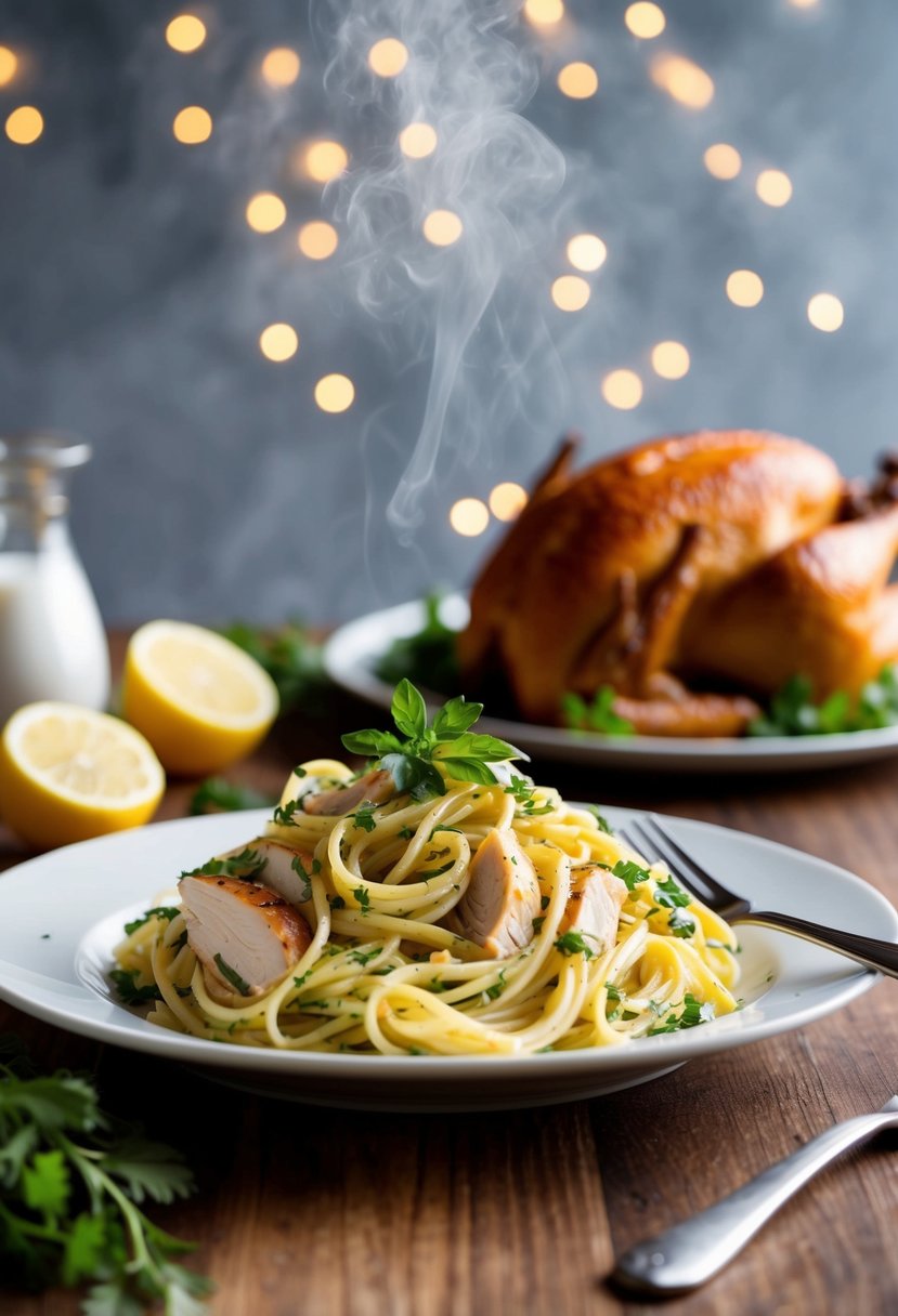 A steaming plate of lemon herb rotisserie chicken pasta with fresh herbs and a whole rotisserie chicken in the background